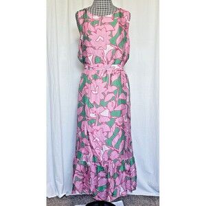 Le Ragazze Sleeveless Floral Pink & Green Italian Silk Blend Maxi Dress Size XL